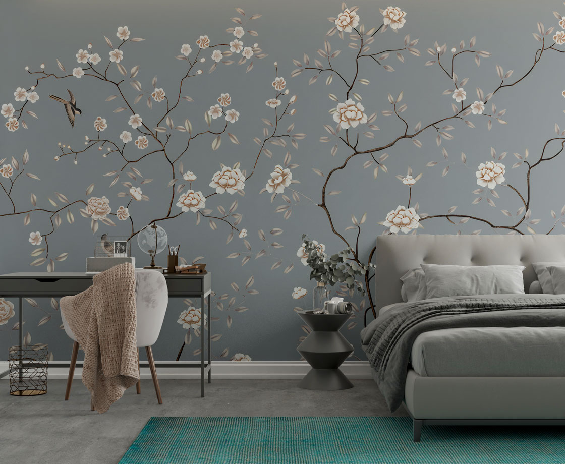 Grey Blossom Branch Wallpaper : Chinoiserie White Peony Mural - View 3