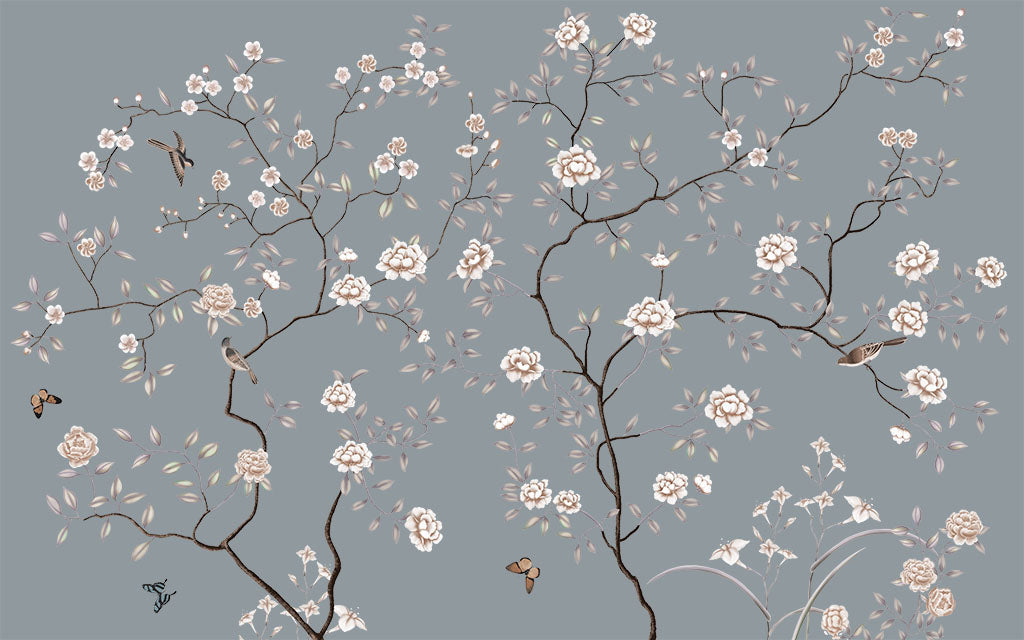 Grey Blossom Branch Wallpaper : Chinoiserie White Peony Mural - flat design