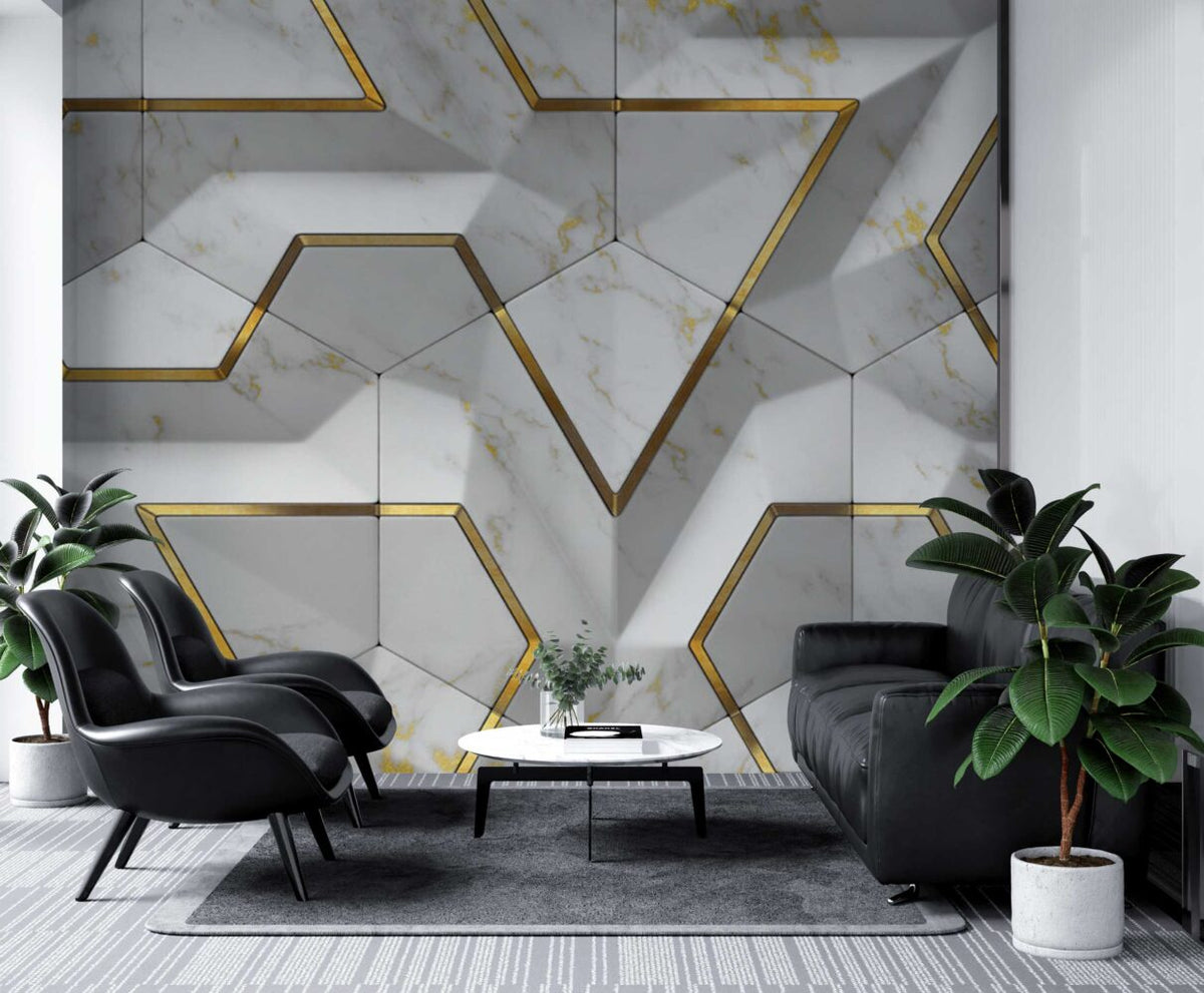 White Marble 3D Geometric Wallpaper : Gold Line Hexagon Mural - View 2