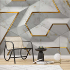 White Marble 3D Geometric Wallpaper : Gold Line Hexagon Mural - View 3