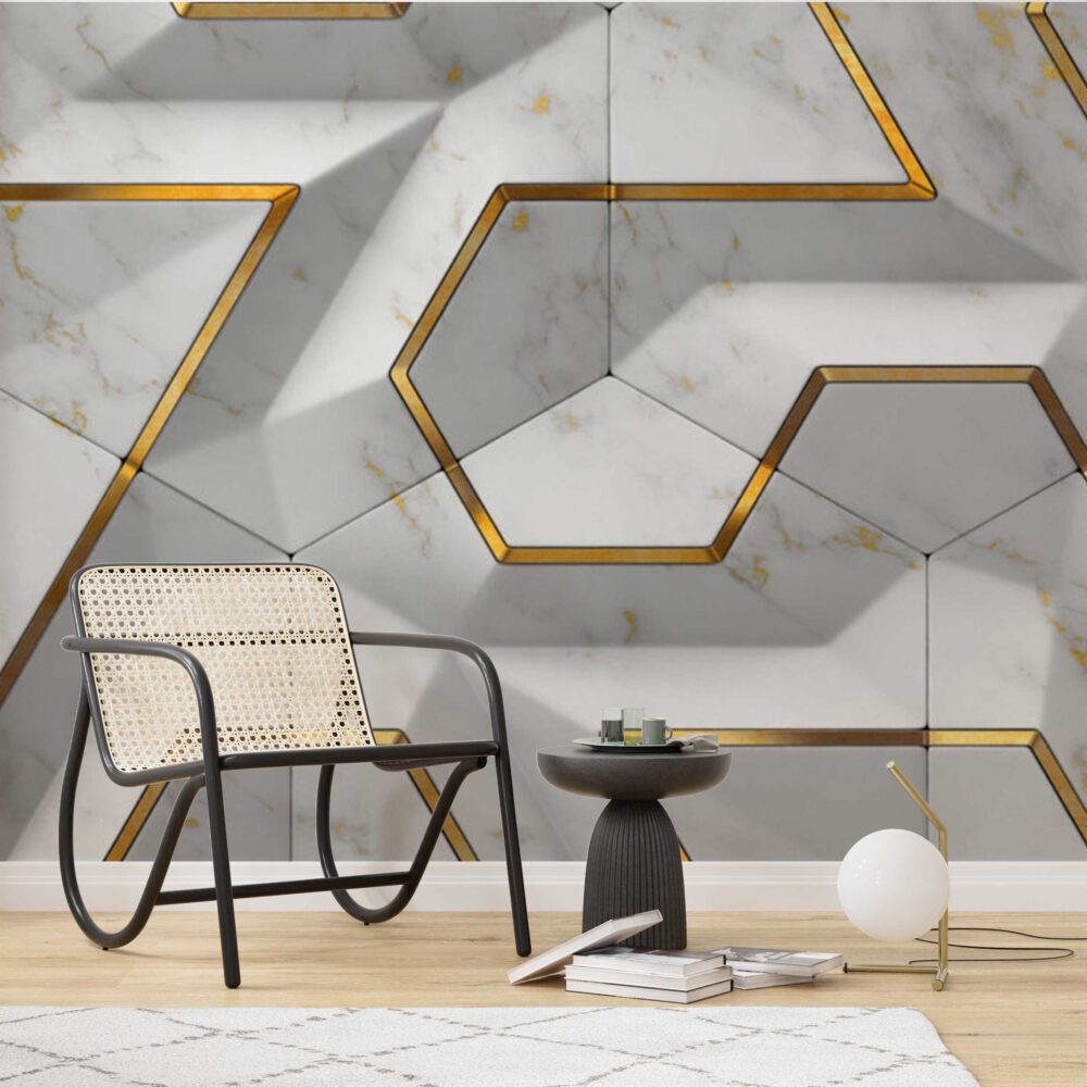 White Marble 3D Geometric Wallpaper : Gold Line Hexagon Mural - View 3
