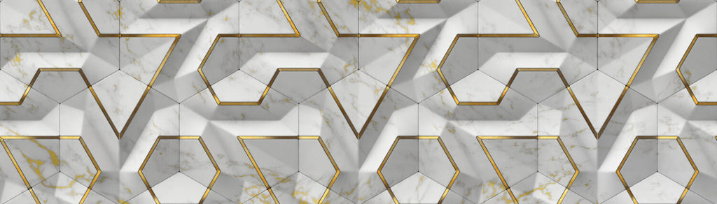 White Marble 3D Geometric Wallpaper : Gold Line Hexagon Mural - flat design