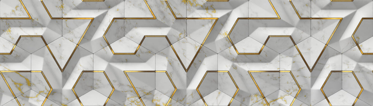 White Marble 3D Geometric Wallpaper : Gold Line Hexagon Mural - flat design