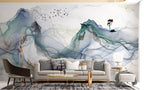 Teal Alcohol Ink Wallpaper : Layered Mountain Abstract Mural - View 5
