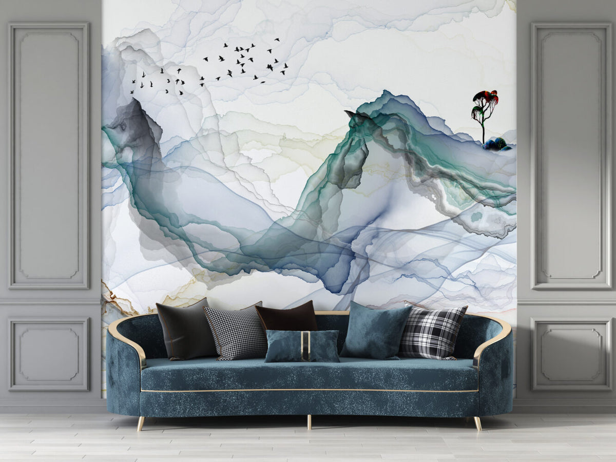 Teal Alcohol Ink Wallpaper : Layered Mountain Abstract Mural - View 4