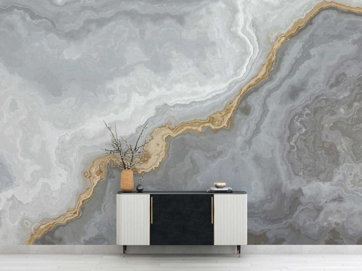 Grey Onyx Wallpaper : White and Gold Stone Layers Mural - View 3