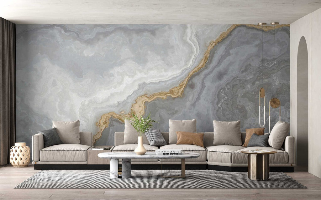Grey Onyx Wallpaper : White and Gold Stone Layers Mural