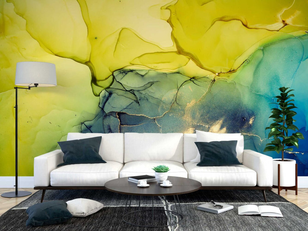 Yellow and Green Ink Wallpaper : Alcohol Ink Abstract Mural
