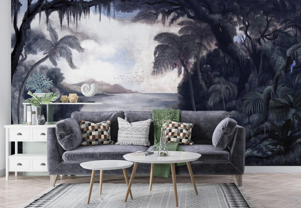 Lakeside Jungle Wallpaper : Vintage Scenic Lake Mural - View 4