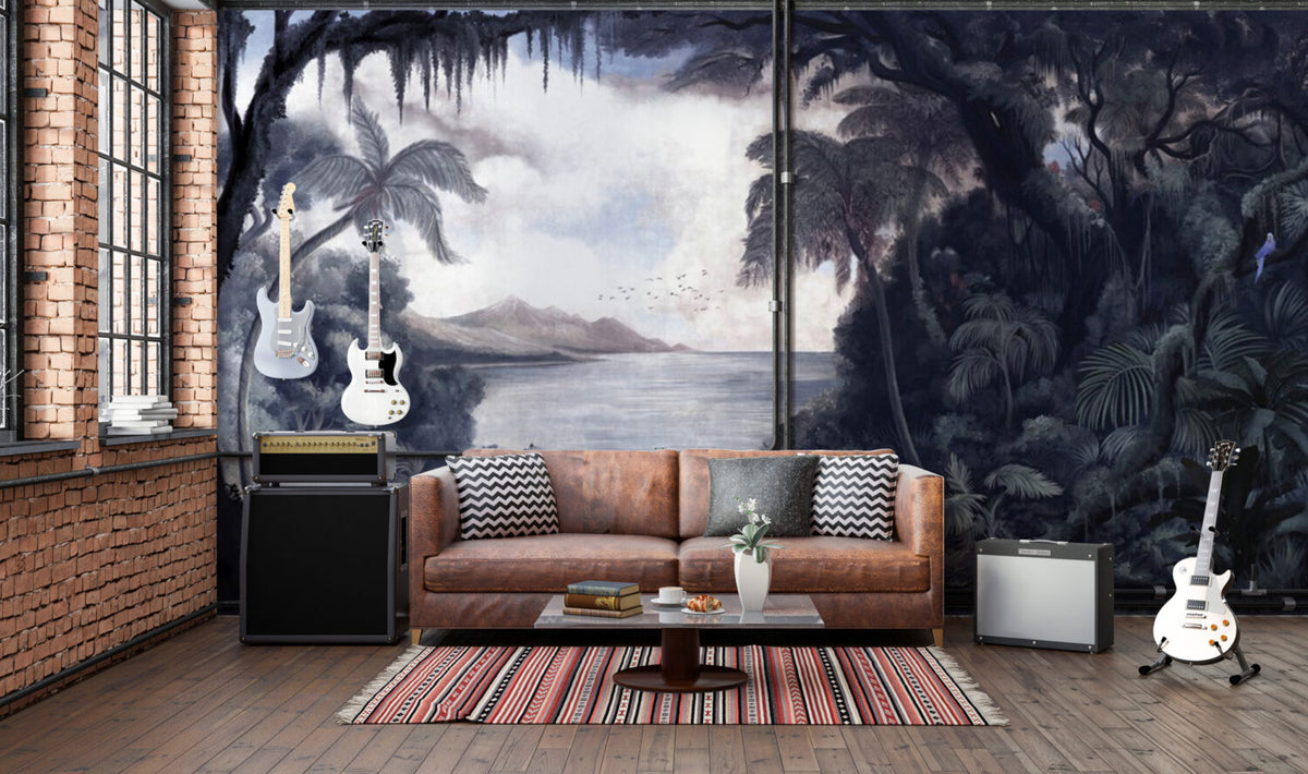 Lakeside Jungle Wallpaper : Vintage Scenic Lake Mural