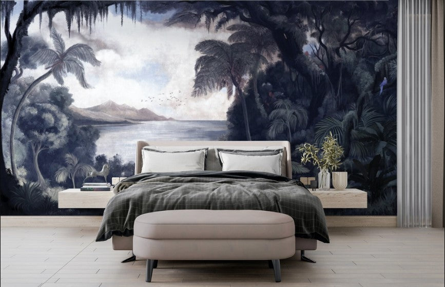Lakeside Jungle Wallpaper : Vintage Scenic Lake Mural - View 3