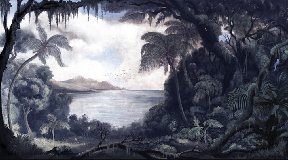 Lakeside Jungle Wallpaper : Vintage Scenic Lake Mural - flat design
