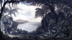 Lakeside Jungle Wallpaper : Vintage Scenic Lake Mural - flat design