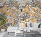 Mustard and Grey Palm Leaf Wallpaper : Tropical Foliage Pattern Mural - View 4