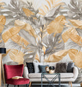 Mustard and Grey Palm Leaf Wallpaper : Tropical Foliage Pattern Mural