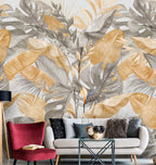 Mustard and Grey Palm Leaf Wallpaper : Tropical Foliage Pattern Mural