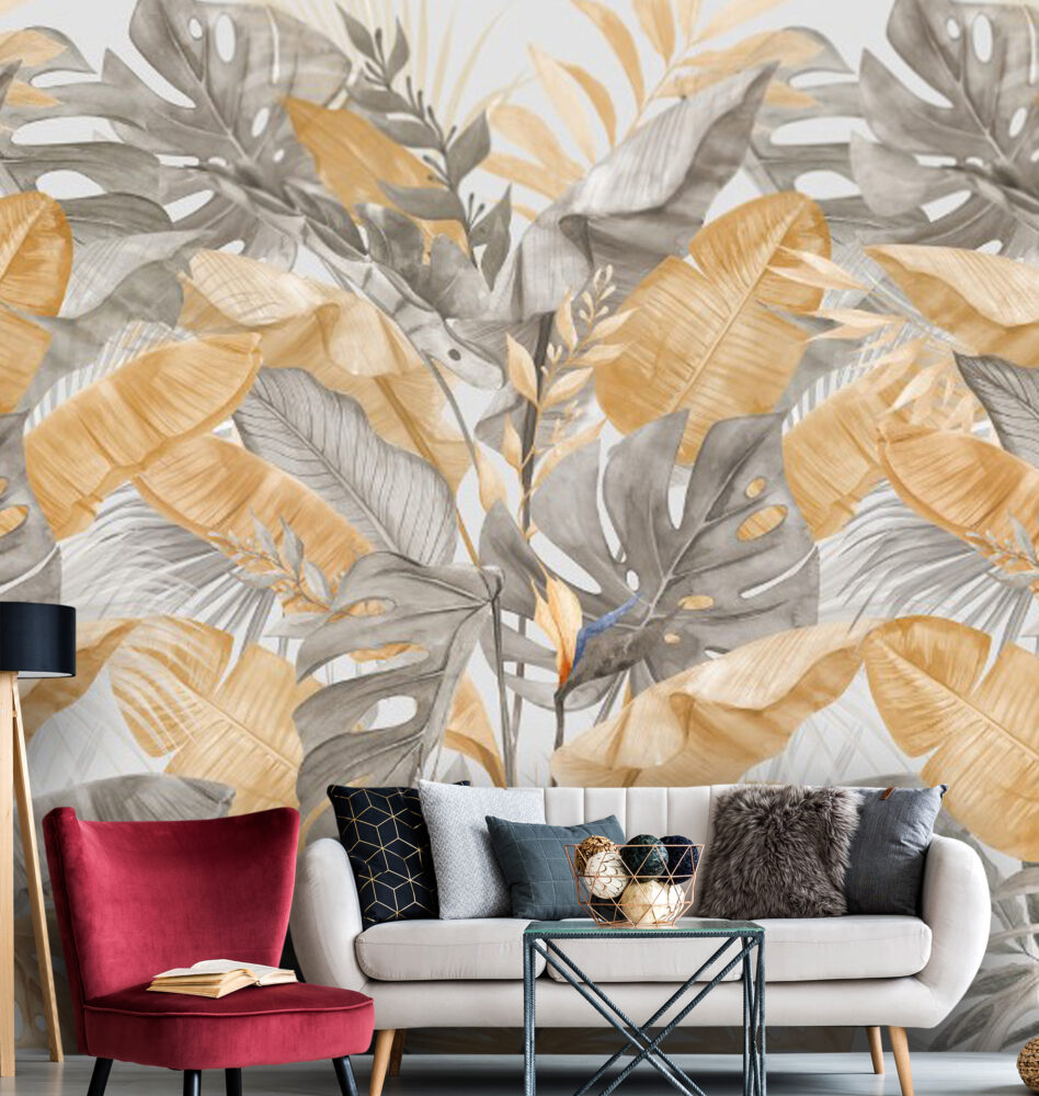 Mustard and Grey Palm Leaf Wallpaper : Tropical Foliage Pattern Mural