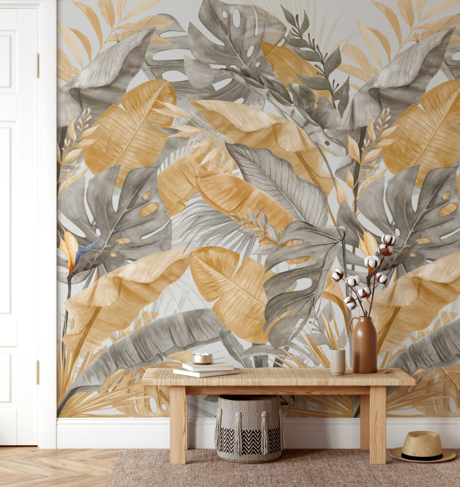 Mustard and Grey Palm Leaf Wallpaper : Tropical Foliage Pattern Mural - View 3