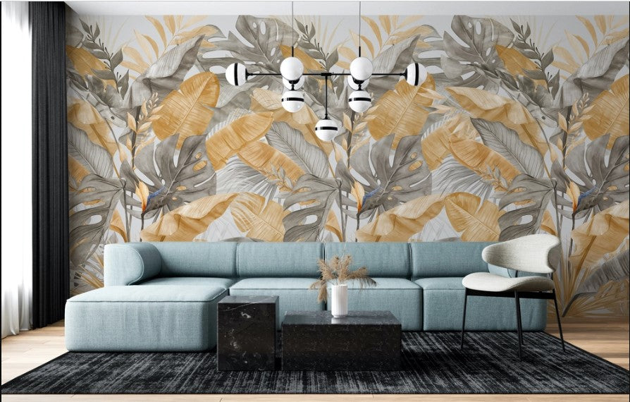 Mustard and Grey Palm Leaf Wallpaper : Tropical Foliage Pattern Mural - View 2