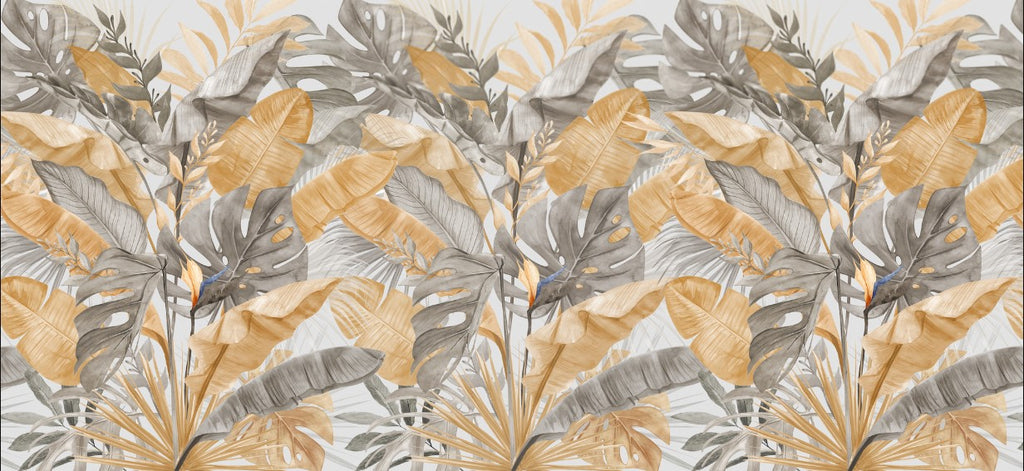 Mustard and Grey Palm Leaf Wallpaper : Tropical Foliage Pattern Mural - flat design