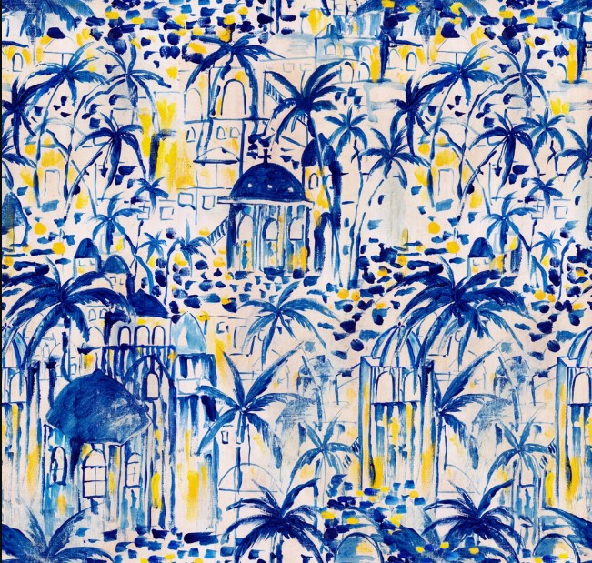 Blue Watercolor Palm Wallpaper : Mediterranean Villa Garden Mural - flat design