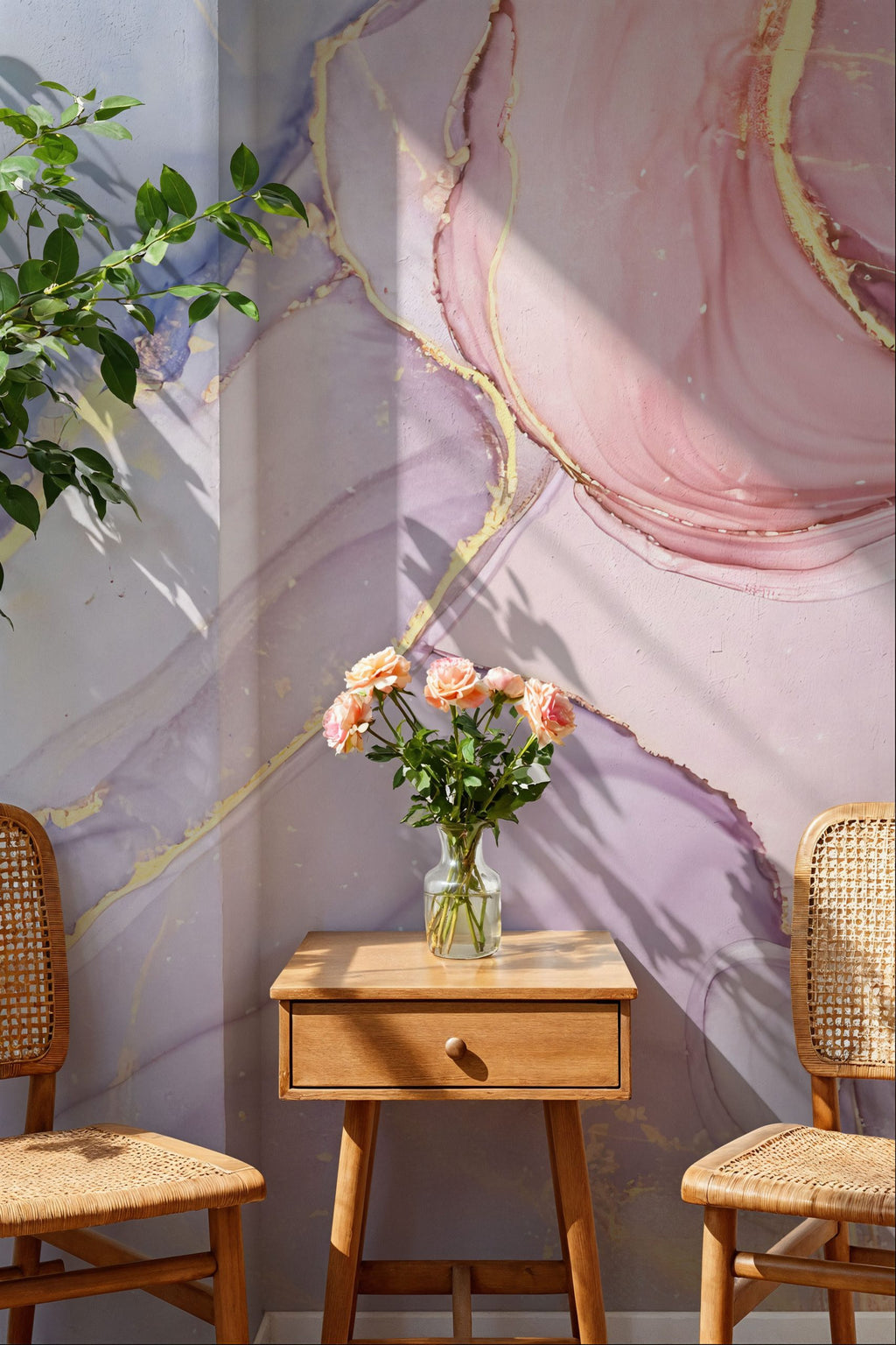 Pink Lilac Marble Wallpaper : Gold Edge Ink Mural