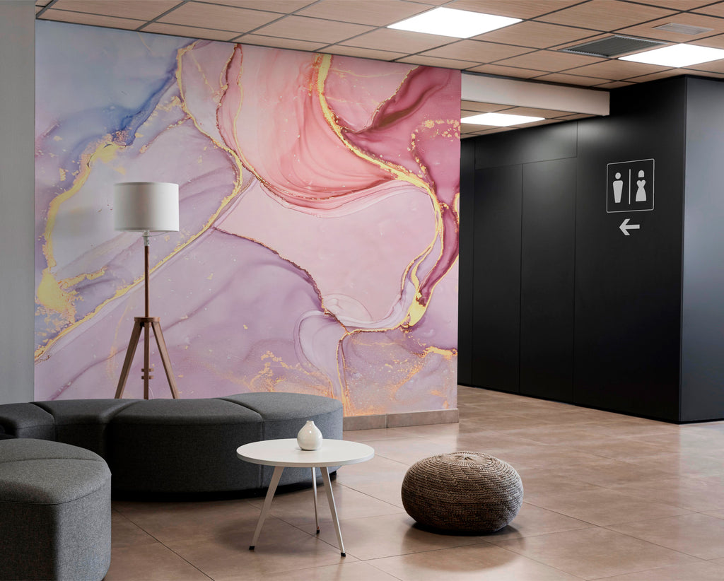 Pink Lilac Marble Wallpaper : Gold Edge Ink Mural - View 3