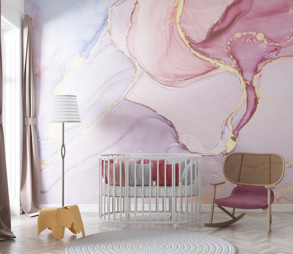 Pink Lilac Marble Wallpaper : Gold Edge Ink Mural - View 4