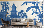 Blue Toile Palm Wallpaper : Pagoda Tropical Mural