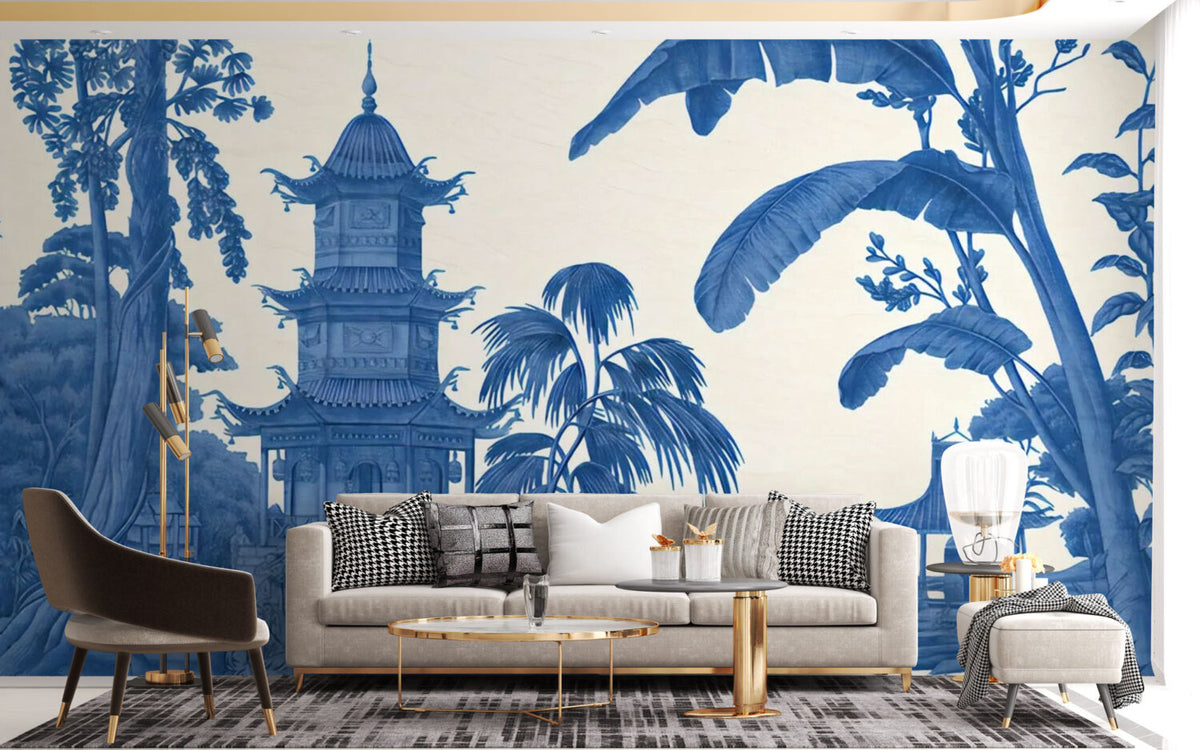 Blue Toile Palm Wallpaper : Pagoda Tropical Mural