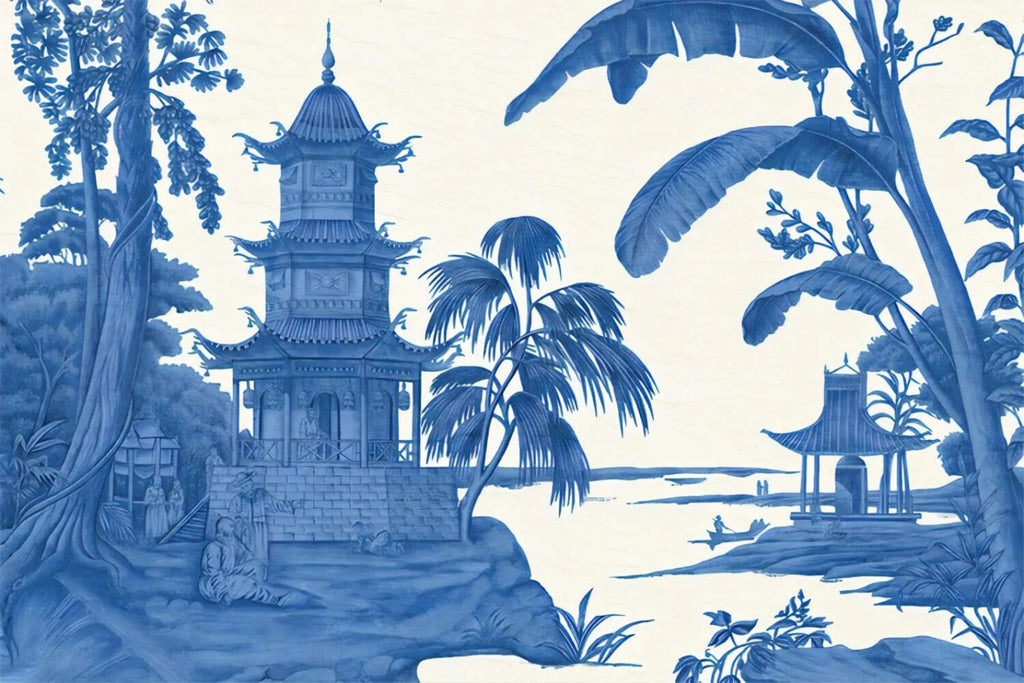 Blue Toile Palm Wallpaper : Pagoda Tropical Mural - View 2