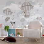 Animal Balloon Ride Wallpaper : Grey Clouds Nursery Mural - View 2
