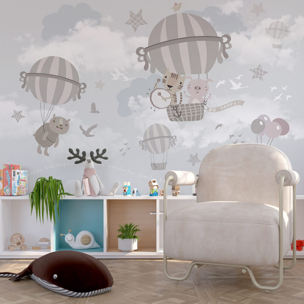 Animal Balloon Ride Wallpaper : Grey Clouds Nursery Mural - View 2