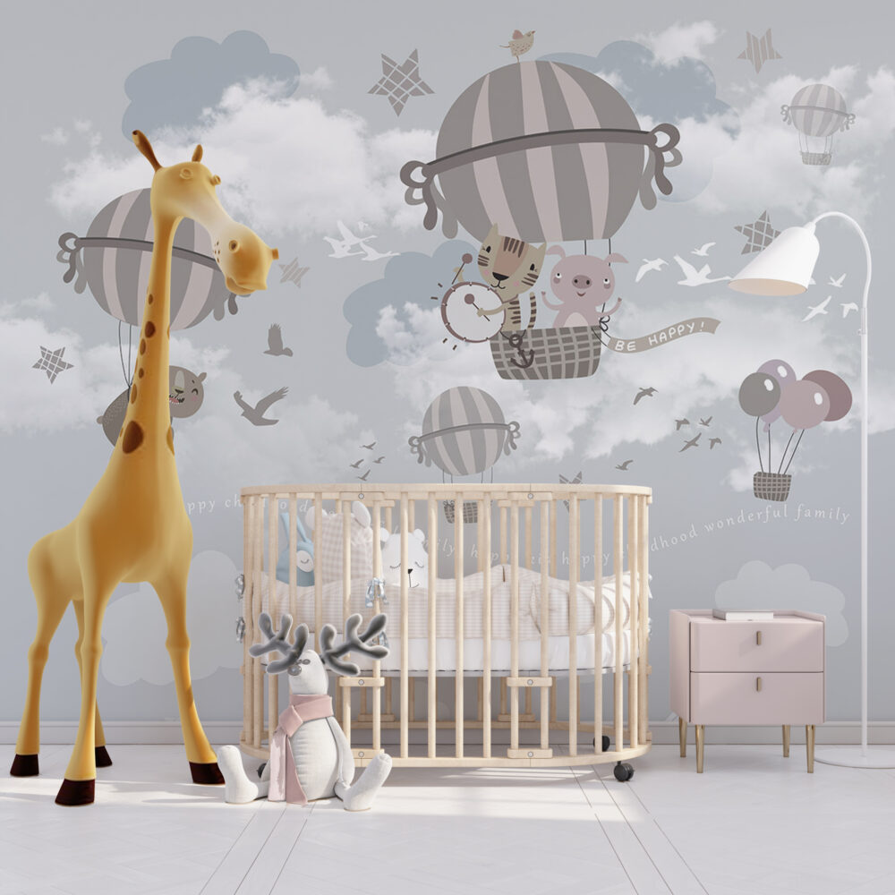 Animal Balloon Ride Wallpaper : Grey Clouds Nursery Mural - View 3