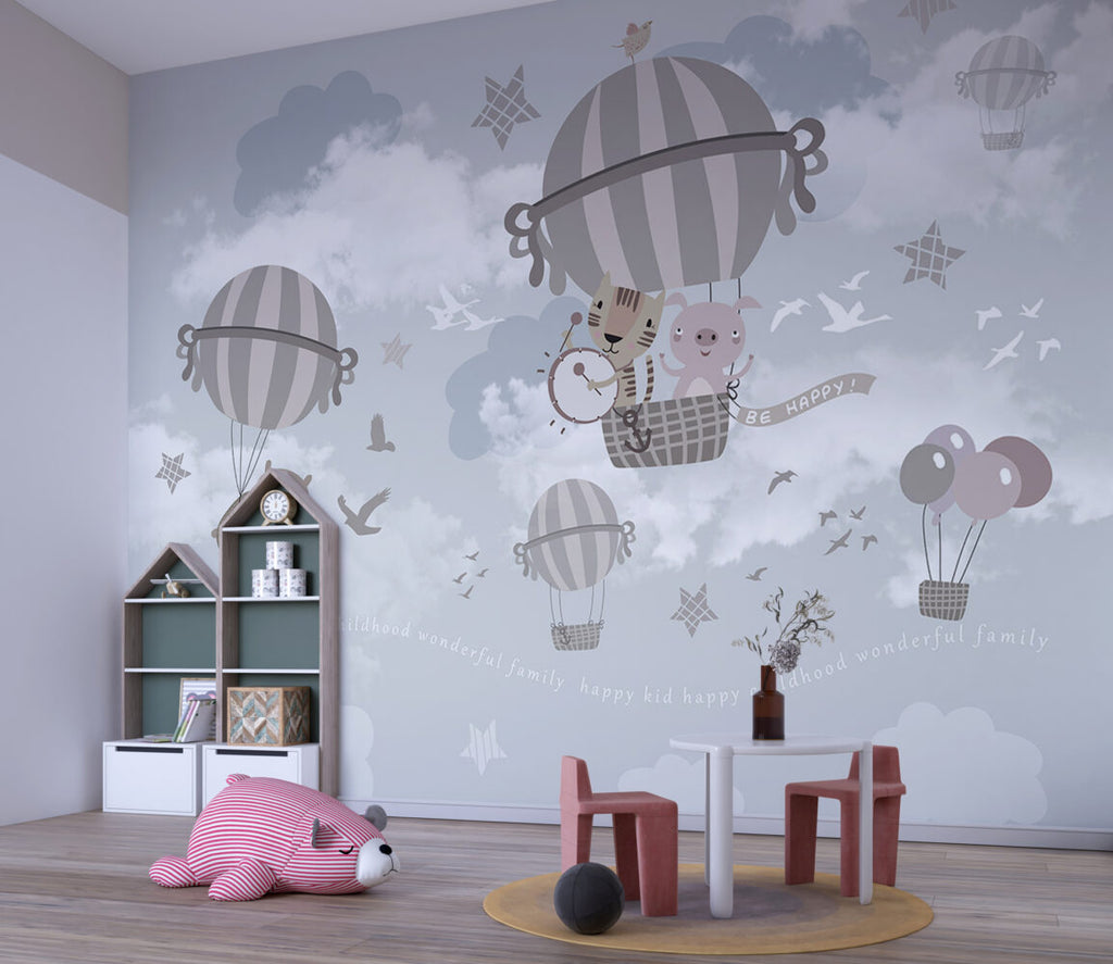 Animal Balloon Ride Wallpaper : Grey Clouds Nursery Mural