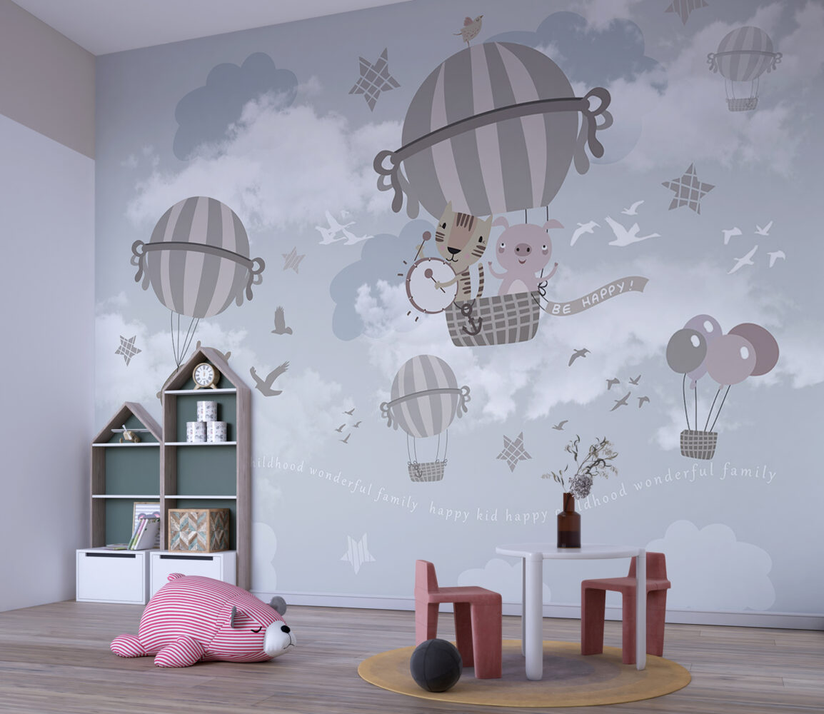 Animal Balloon Ride Wallpaper : Grey Clouds Nursery Mural