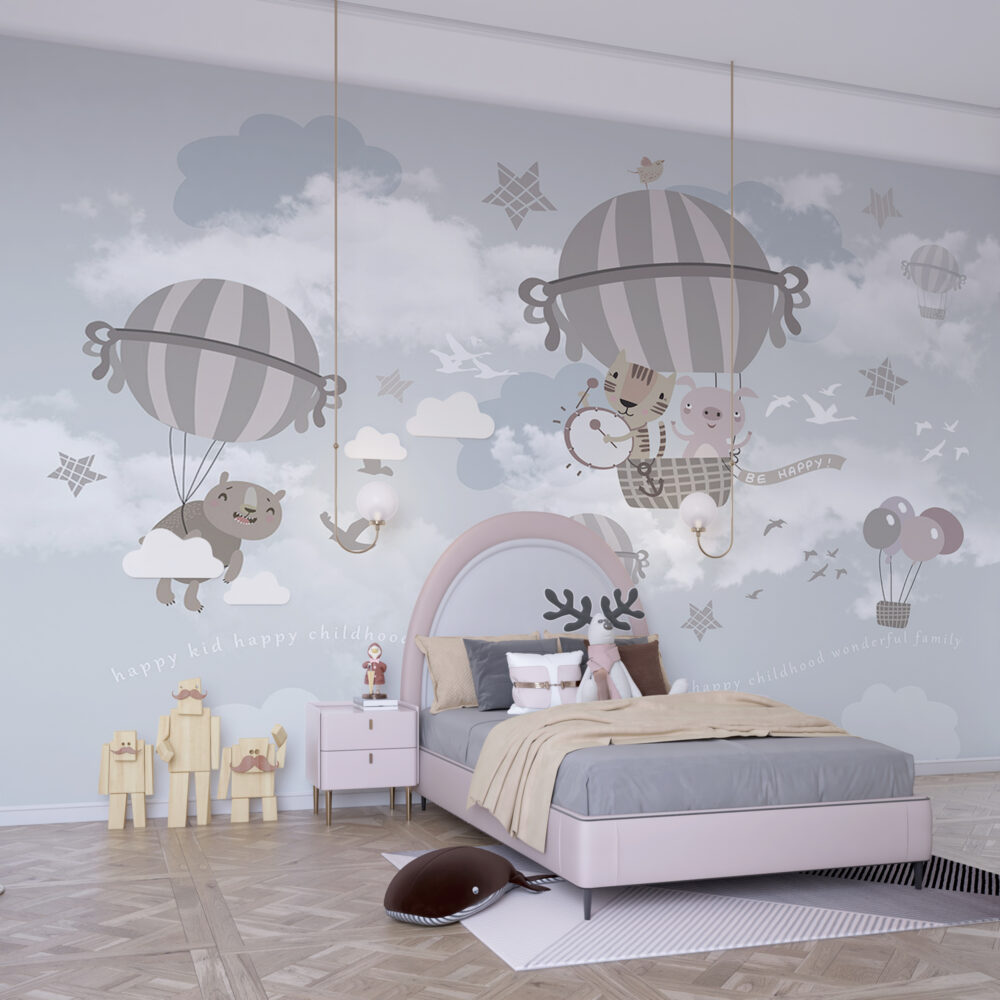 Animal Balloon Ride Wallpaper : Grey Clouds Nursery Mural - View 4