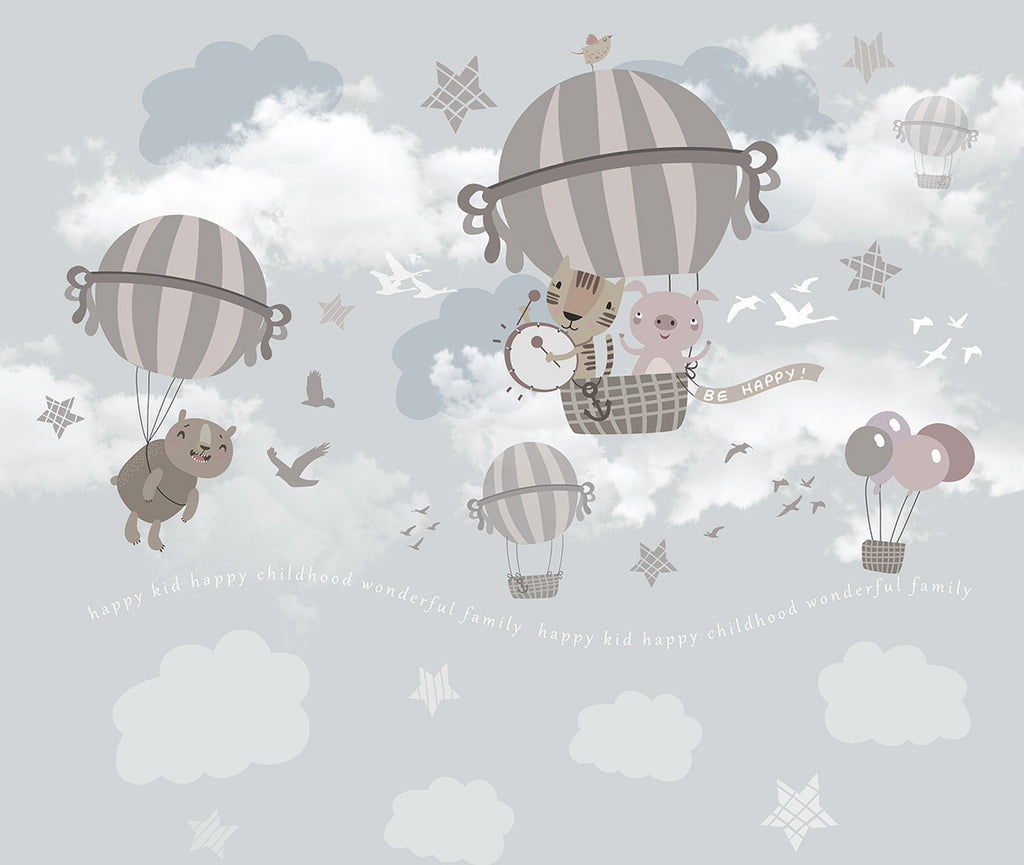 Animal Balloon Ride Wallpaper : Grey Clouds Nursery Mural - flat design