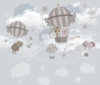 Animal Balloon Ride Wallpaper : Grey Clouds Nursery Mural - flat design