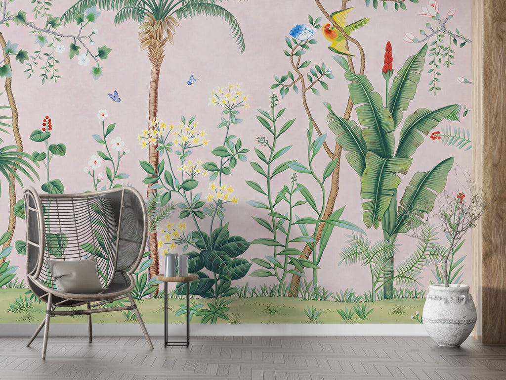 Pink Tropical Chinoiserie Wallpaper : Palms and Blossom Trees Mural - View 4