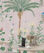 Pink Tropical Chinoiserie Wallpaper : Palms and Blossom Trees Mural - View 2