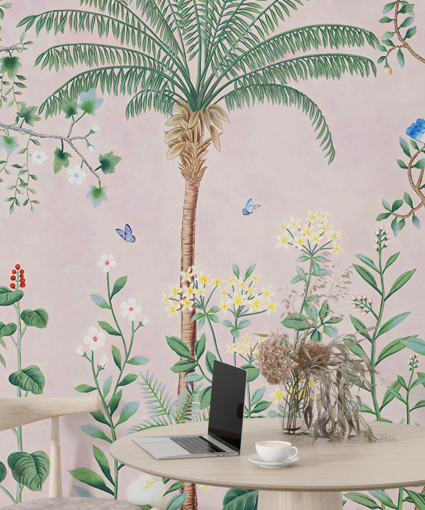Pink Tropical Chinoiserie Wallpaper : Palms and Blossom Trees Mural - View 2