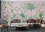 Pink Tropical Chinoiserie Wallpaper : Palms and Blossom Trees Mural - View 3
