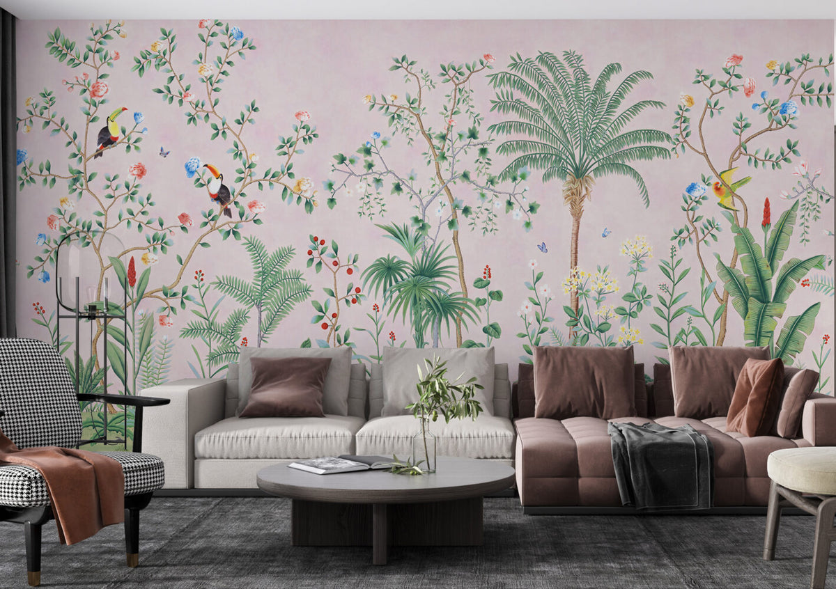 Pink Tropical Chinoiserie Wallpaper : Palms and Blossom Trees Mural - View 3