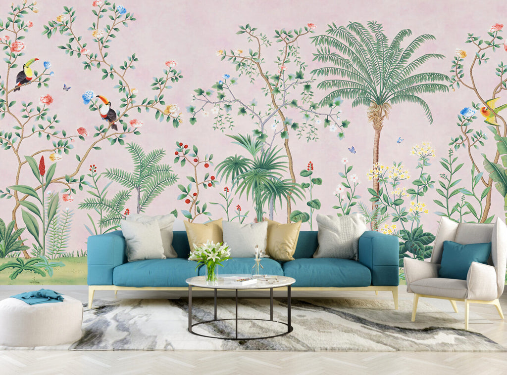 Pink Tropical Chinoiserie Wallpaper : Palms and Blossom Trees Mural