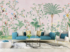 Pink Tropical Chinoiserie Wallpaper : Palms and Blossom Trees Mural