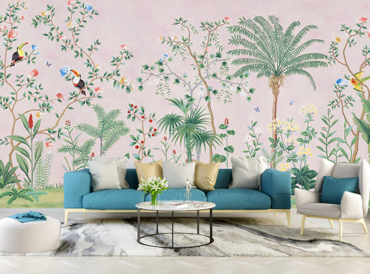 Pink Tropical Chinoiserie Wallpaper : Palms and Blossom Trees Mural