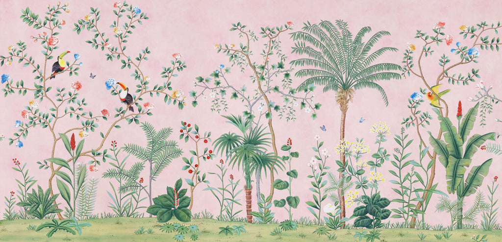 Pink Tropical Chinoiserie Wallpaper : Palms and Blossom Trees Mural - flat design