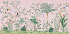 Pink Tropical Chinoiserie Wallpaper : Palms and Blossom Trees Mural - flat design