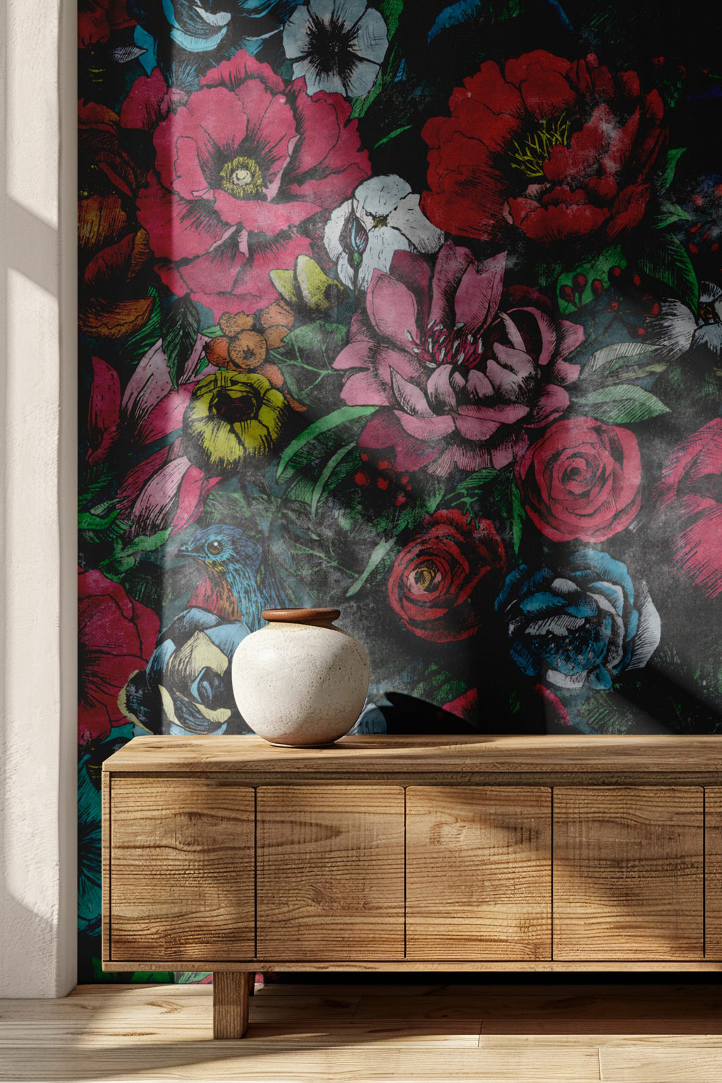 Red Rose Grunge Wallpaper : Dark Woodcut Floral Mural
